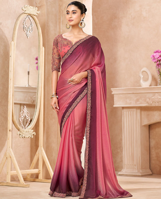Pink Designer Saree Featuring Ombre-Color Dyed All Over the Saree, Elegantly Highlighted with Embroidered Border, and Comes with a Contrast Intricately Embroidered Blouse