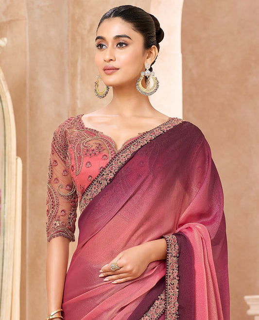 Pink Designer Saree Featuring Ombre-Color Dyed All Over the Saree, Elegantly Highlighted with Embroidered Border, and Comes with a Contrast Intricately Embroidered Blouse