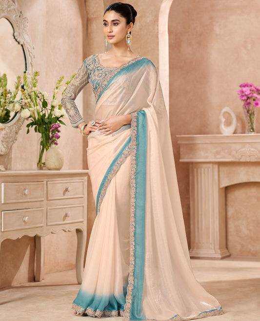Light Sandal Designer Saree Featuring Ombre-Color Dyed All Over the Saree, Elegantly Highlighted with Embroidered Border, and Comes with a Contrast Intricately Embroidered Blouse