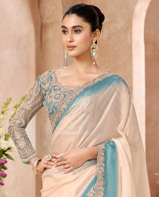 Light Sandal Designer Saree Featuring Ombre-Color Dyed All Over the Saree, Elegantly Highlighted with Embroidered Border, and Comes with a Contrast Intricately Embroidered Blouse