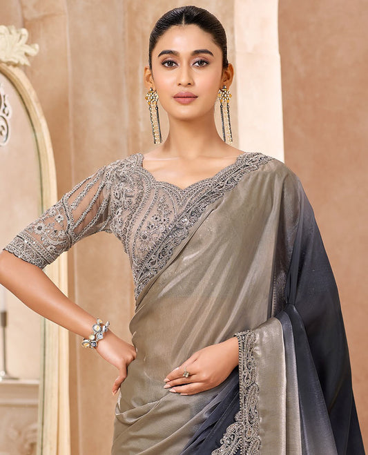 Grey Designer Saree Featuring Ombre-Color Dyed All Over the Saree, Highlighted with Paisley Motifs Embroidered Scallop Border, and Comes with a Contrast Paisley Embroidered Blouse