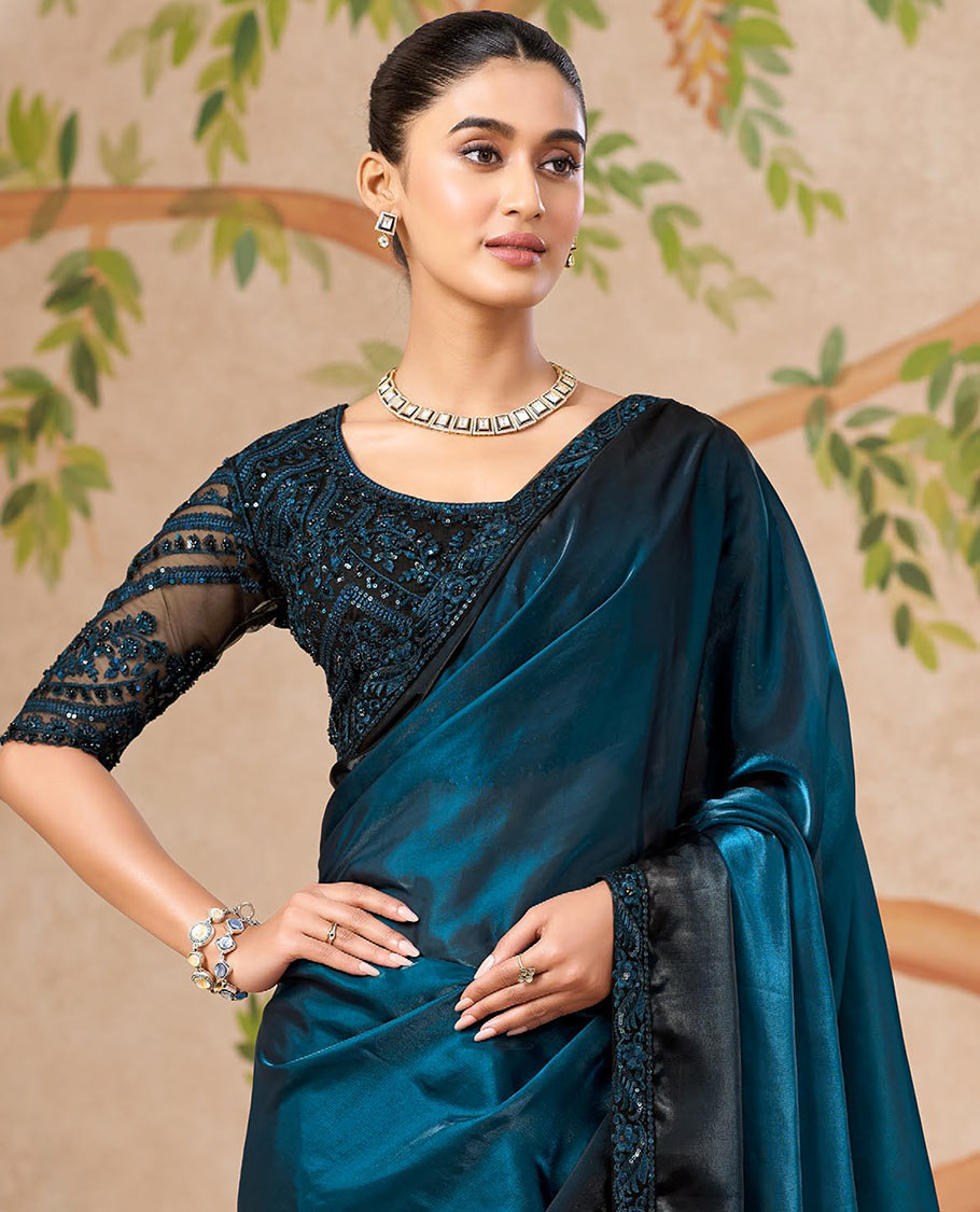 Blue Designer Saree Featuring Ombre-Color Dyed All Over the Saree, Adorned with Floral Embroidered Border, and Comes with a Contrast Intricately Embroidered Blouse