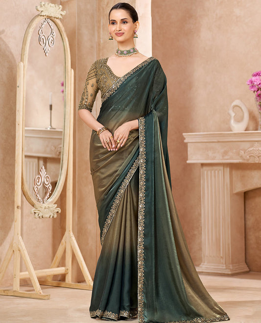 Green Designer Saree Featuring Ombre-Color Dyed All Over the Saree, Beautified with Embroidered Border, and Comes with a Contrast Intricately Embroidered Blouse