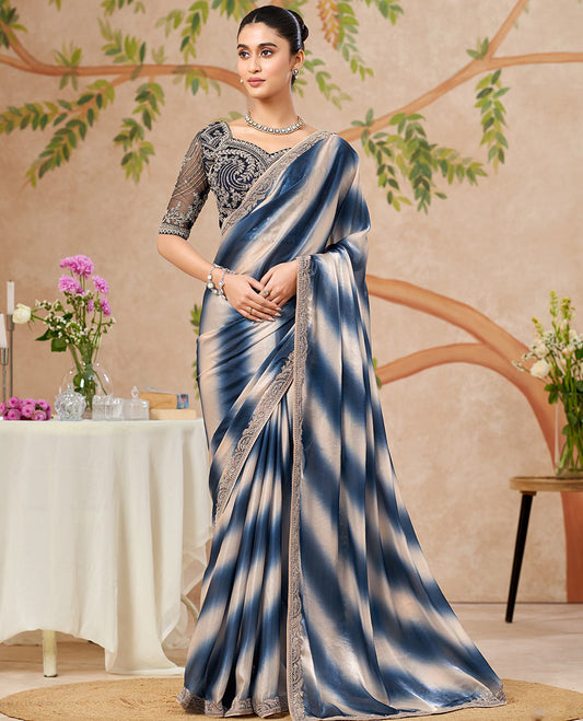 Blue and Cream Designer Saree Featuring Dual-Color Dyed All Over the Saree, Subtly Sparked with an Embroidered Border, and Comes with a Contrast Intricately Embroidered Blouse
