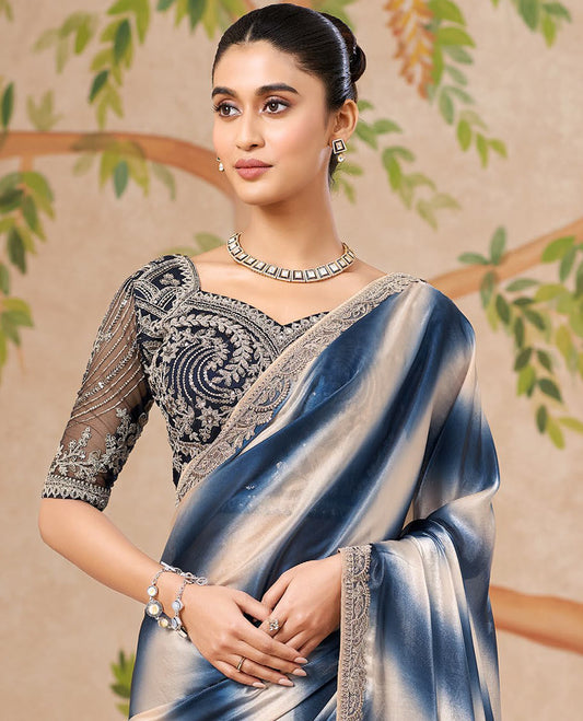 Blue and Cream Designer Saree Featuring Dual-Color Dyed All Over the Saree, Subtly Sparked with an Embroidered Border, and Comes with a Contrast Intricately Embroidered Blouse