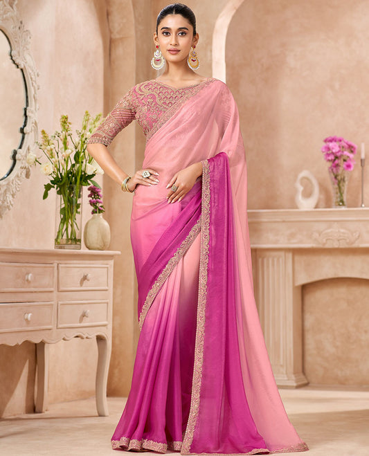 Pink Designer Saree Featuring Ombre-Color Dyed All Over the Saree, Elevated with Floral Embroidered Scallop Border, and Comes with a Contrast Floral Embroidered Blouse