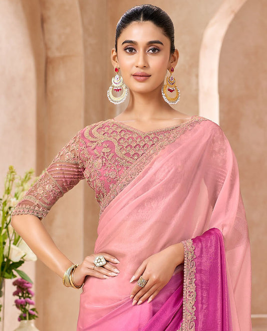 Pink Designer Saree Featuring Ombre-Color Dyed All Over the Saree, Elevated with Floral Embroidered Scallop Border, and Comes with a Contrast Floral Embroidered Blouse