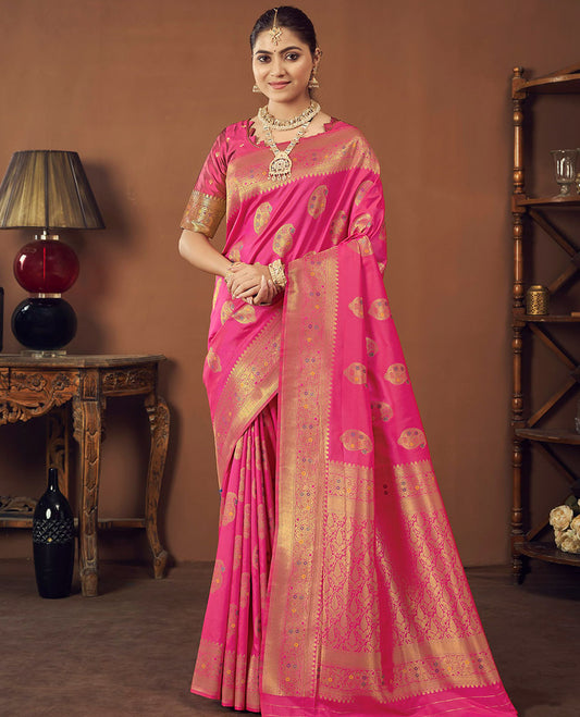Pink Banaras Designer Catalog Saree, Adorned with Paisley Meena Buttas, Highlighted by a Traditional Meenakari Border, Grand Pallu, and a Matching Blouse