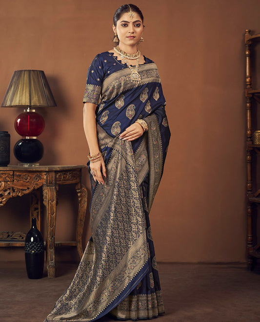 Navy Blue Banaras Designer Catalog Saree, Elevated with Paisley Meena Buttas, Highlighted by a Traditional Meenakari Border, Grand Pallu, and a Matching Blouse