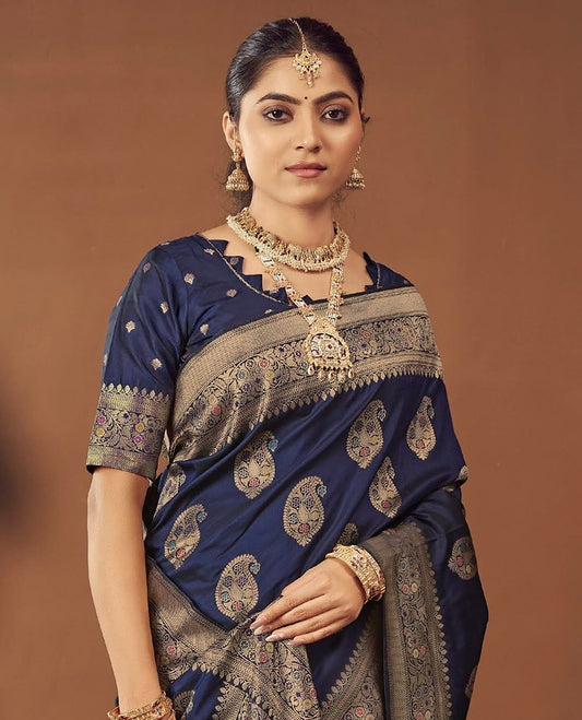 Navy Blue Banaras Designer Catalog Saree, Elevated with Paisley Meena Buttas, Highlighted by a Traditional Meenakari Border, Grand Pallu, and a Matching Blouse