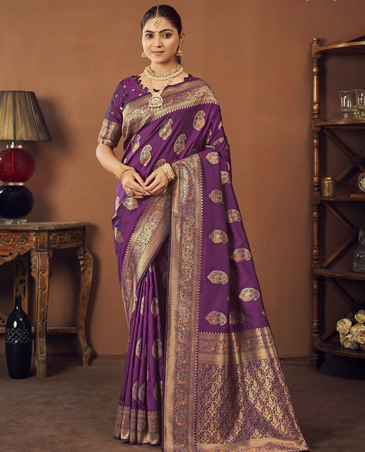 Purple Banaras Designer Catalog Saree, Accentuated with Paisley Meena Buttas, Highlighted by a Traditional Meenakari Border, Grand Pallu, and a Matching Blouse