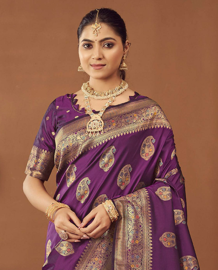 Purple Banaras Designer Catalog Saree, Accentuated with Paisley Meena Buttas, Highlighted by a Traditional Meenakari Border, Grand Pallu, and a Matching Blouse