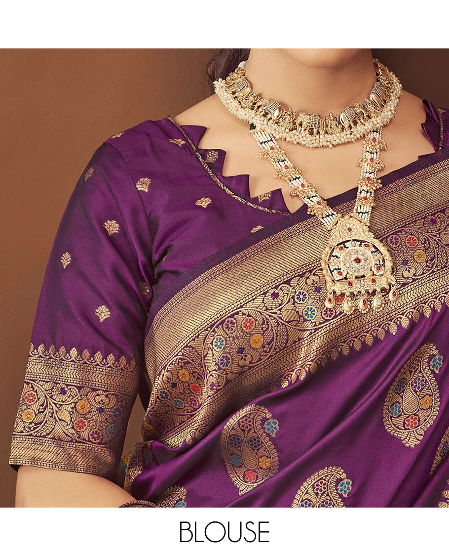 Purple Banaras Designer Catalog Saree, Accentuated with Paisley Meena Buttas, Highlighted by a Traditional Meenakari Border, Grand Pallu, and a Matching Blouse