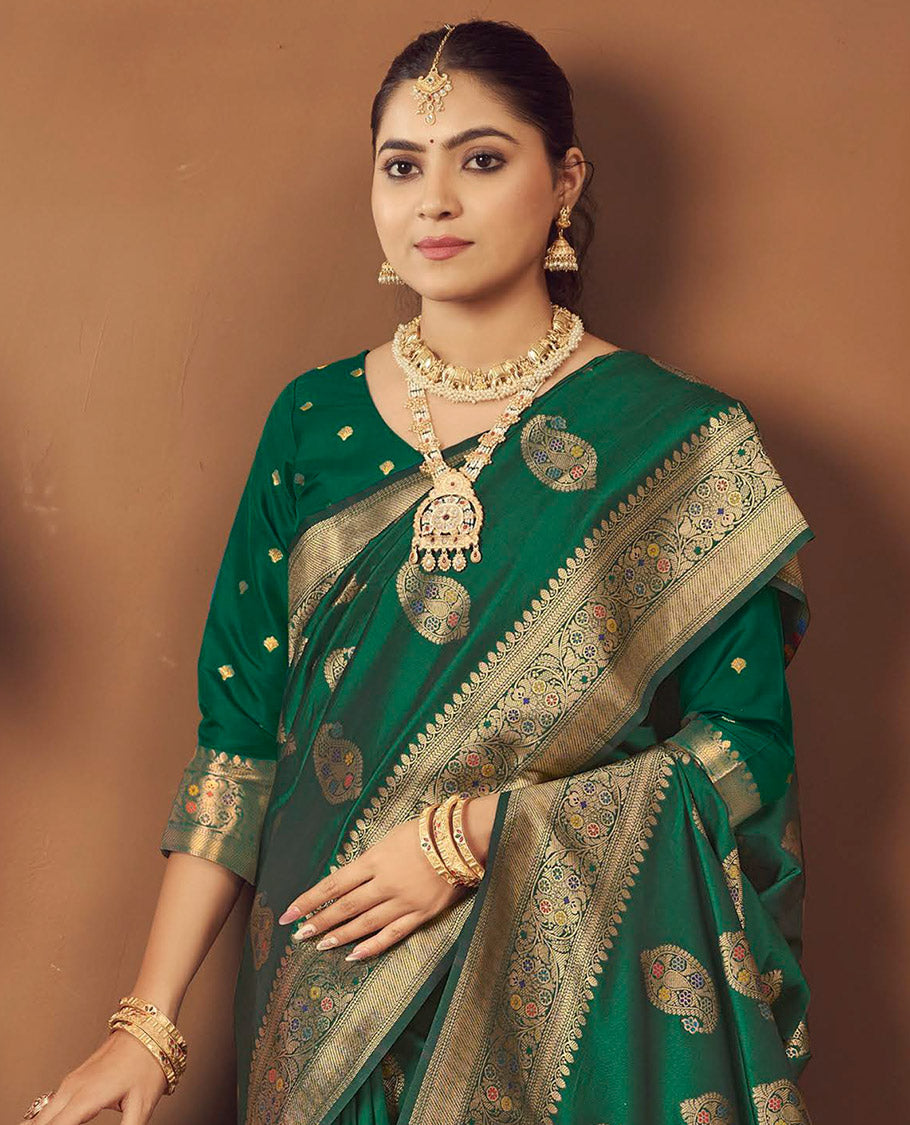 Green Banaras Designer Catalog Saree, Embellished with Paisley Meena Buttas, Highlighted by a Traditional Meenakari Border, Grand Pallu, and a Matching Blouse