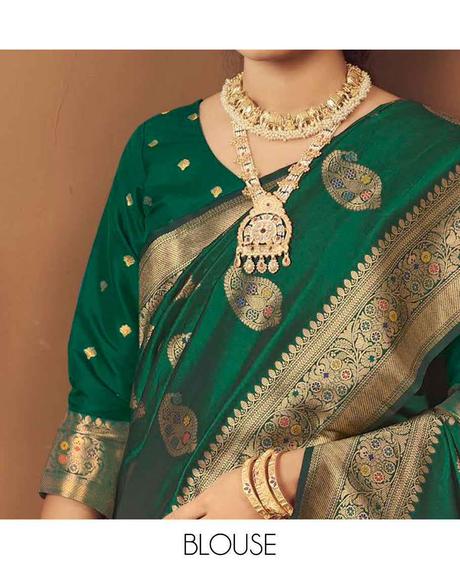 Green Banaras Designer Catalog Saree, Embellished with Paisley Meena Buttas, Highlighted by a Traditional Meenakari Border, Grand Pallu, and a Matching Blouse