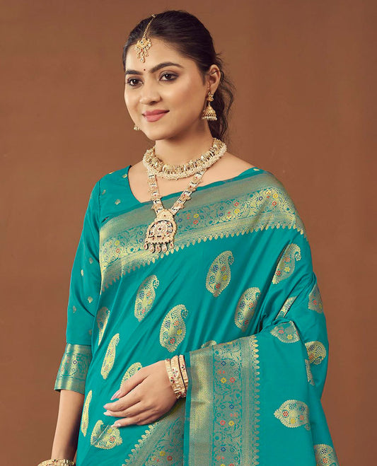 Blue Banaras Designer Catalog Saree, Delicately Woven with Paisley Meena Buttas, Highlighted by a Traditional Meenakari Border, Grand Pallu, and a Matching Blouse