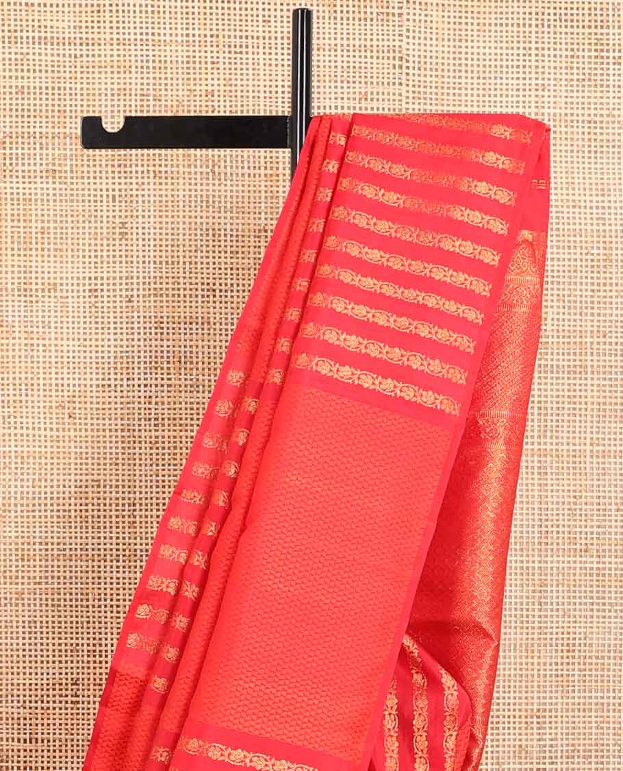 Borderless red geometric design kancheepuram silk saree with intricate floral zari design pallu