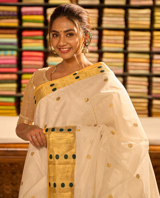 White polka dot kasavu saree with contrast polka dot border & striped, polka dot design pallu