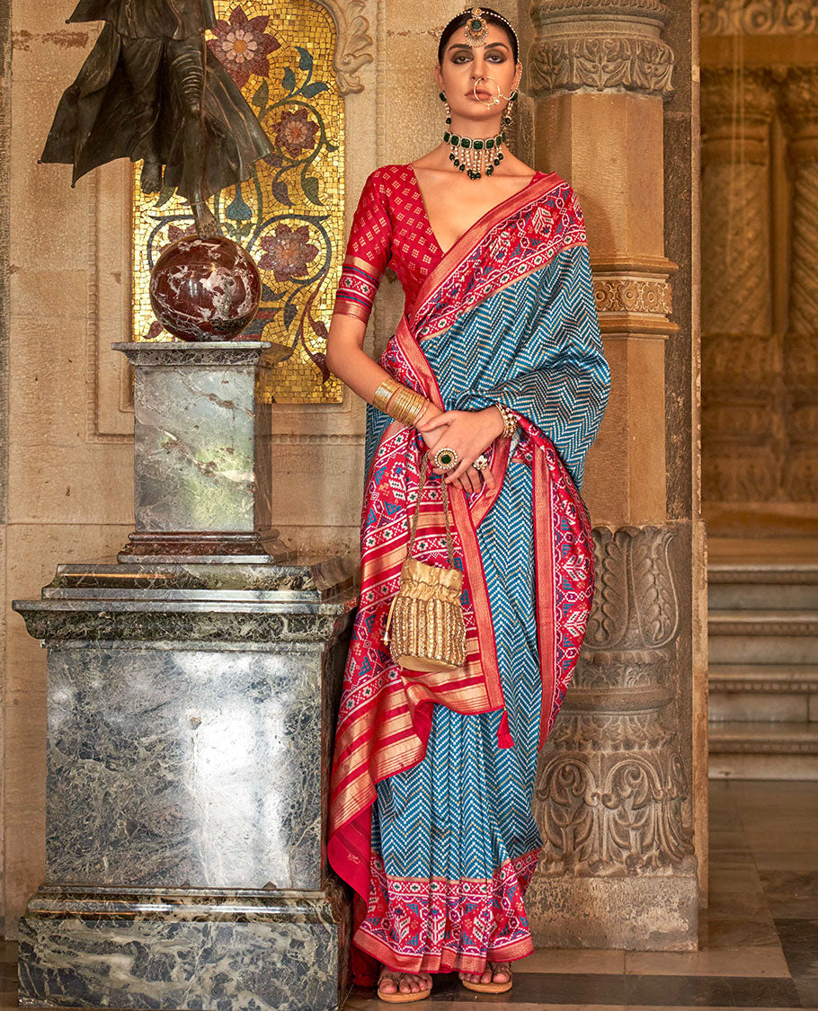 Blue chevron stripes designer catalog saree, contrast patola design border, and patola printed pallu