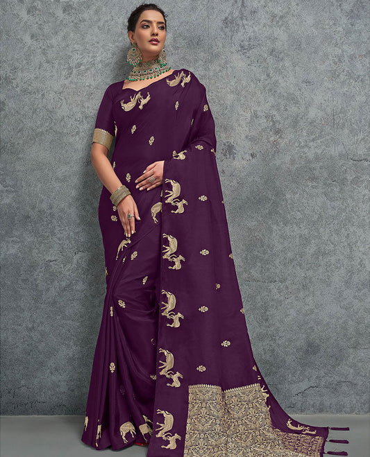 Borderless purple floral buttas and deer motifs designer saree, intricately designed pallu