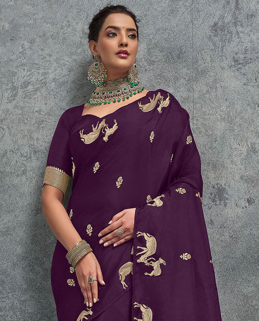 Borderless purple floral buttas and deer motifs designer saree, intricately designed pallu
