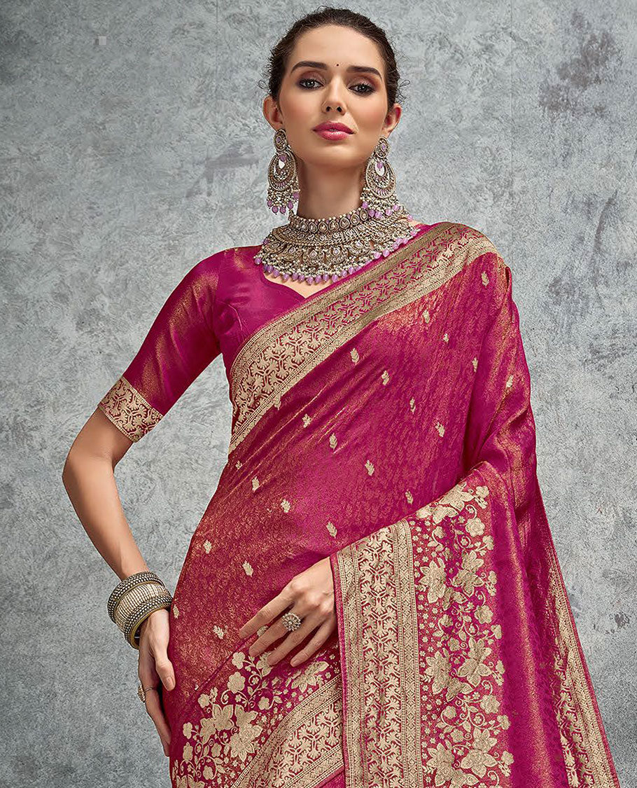 Pink buttas designer saree, floral design border, and pallu of intricate design