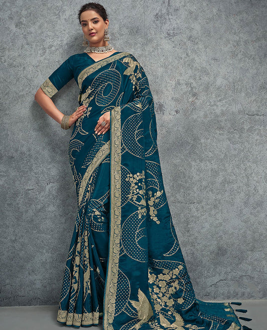 Blue bandhani dots, floral, and bird design designer saree, floral creeper border, and pallu of floral and bird motifs