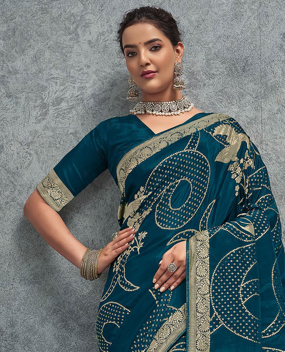 Blue bandhani dots, floral, and bird design designer saree, floral creeper border, and pallu of floral and bird motifs