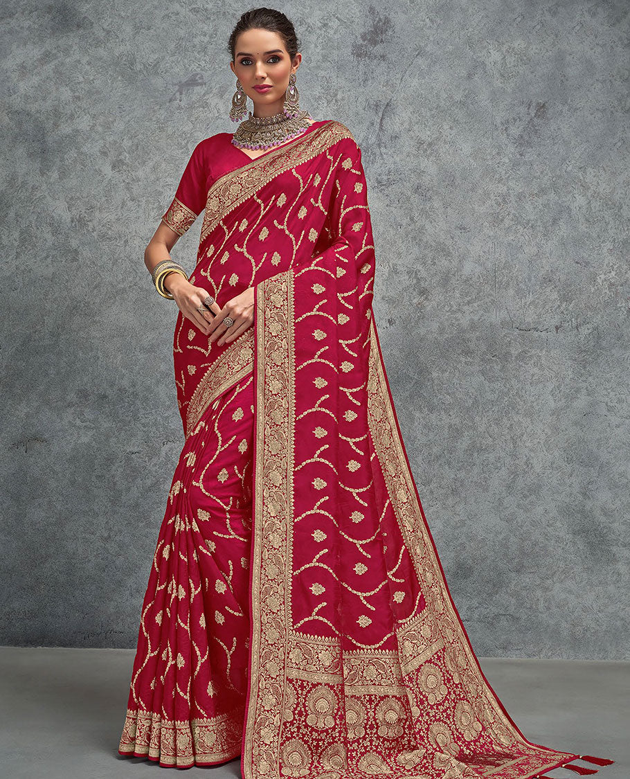 Red jacquard designer saree, floral creeper border, and intricate pallu