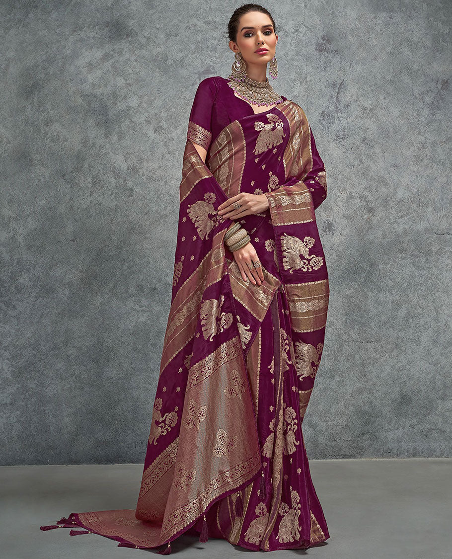 Borderless purple zari design and elephant motifs designer saree, floral design pallu
