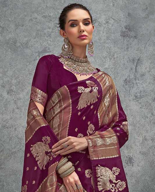 Borderless purple zari design and elephant motifs designer saree, floral design pallu