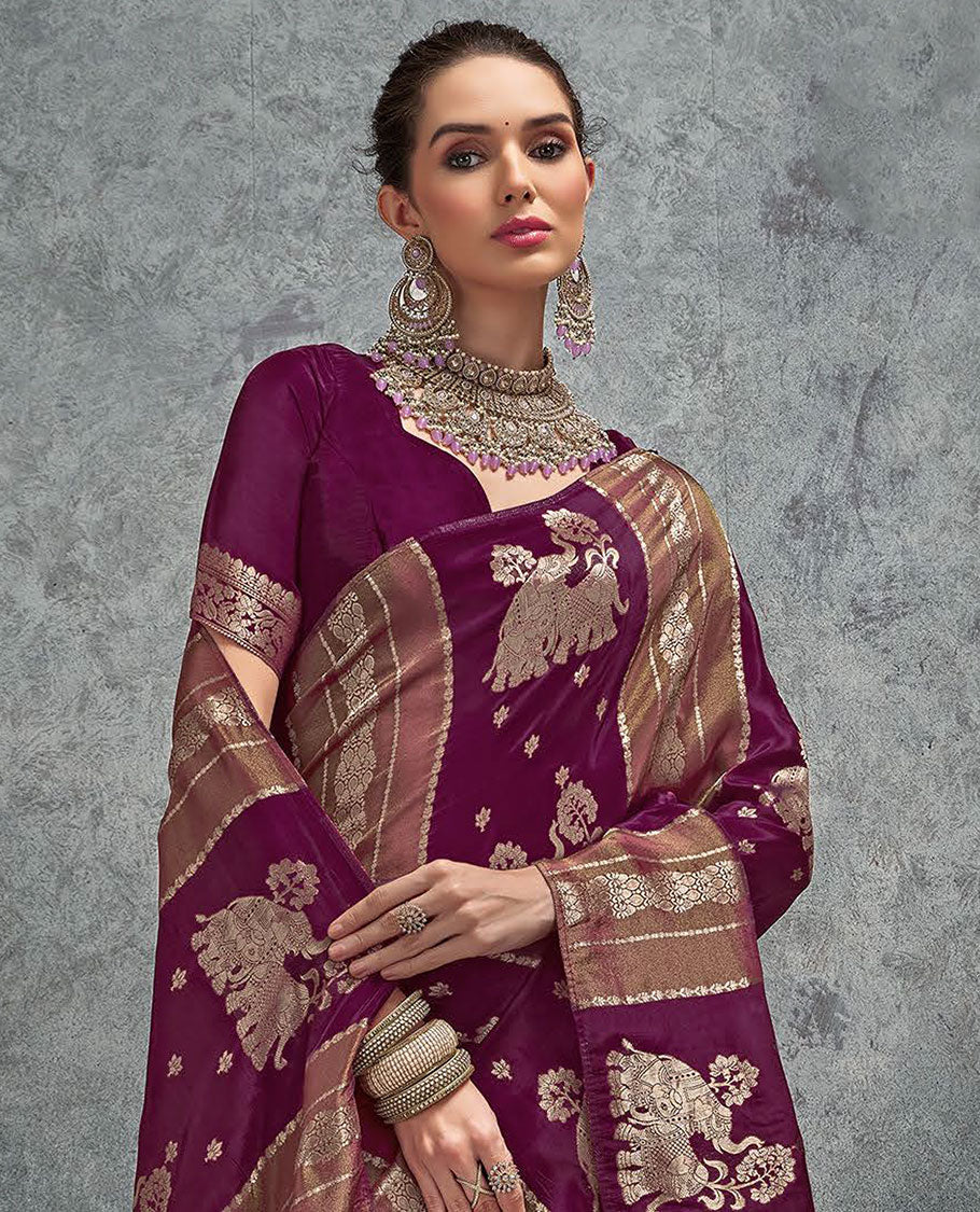 Borderless purple zari design and elephant motifs designer saree, floral design pallu
