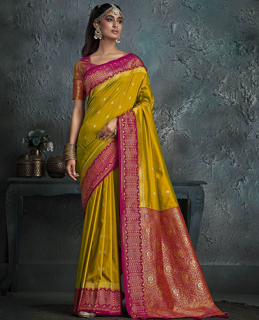 Green Designer Saree, Adorned with Buttas on Its Body, Complemented by a Contrast Border of Geometric Designs, Pallu Depicts Ogee Patterns, and Paired with a Contrast Blouse
