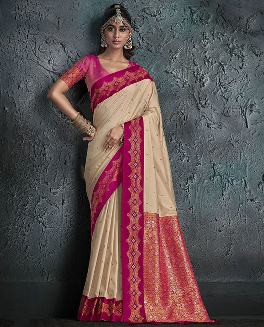 Sandal Designer Saree, Decked Up with Buttas on Its Body, Complemented by a Contrast Border of Intricate Motifs, Pallu of Intricate Zari Designs, and Paired with a Contrast Blouse