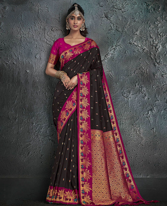 Black Designer Saree, Decorated with Meena Buttas on Its Body, Complemented by a Contrast Border of Deer and Tree Motifs, Pallu of Scallop Zari Designs, and Paired with a Contrast Blouse