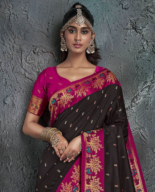 Black Designer Saree, Decorated with Meena Buttas on Its Body, Complemented by a Contrast Border of Deer and Tree Motifs, Pallu of Scallop Zari Designs, and Paired with a Contrast Blouse