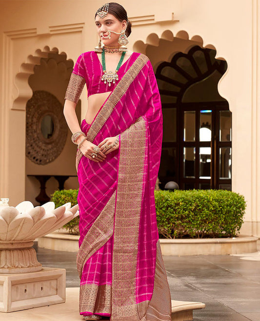 Pink striped catalouge designer saree with self zari design border & checked pallu