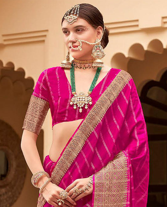 Pink striped catalouge designer saree with self zari design border & checked pallu