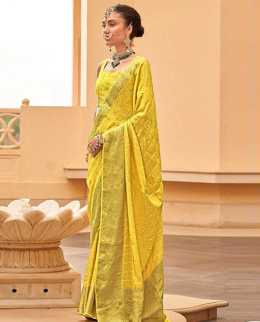 Yellow striped catalouge designer saree with self zari design border & checked pallu