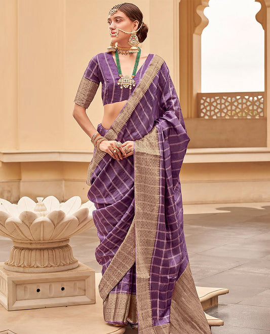 Purple striped catalouge designer saree with self zari design border & checked pallu