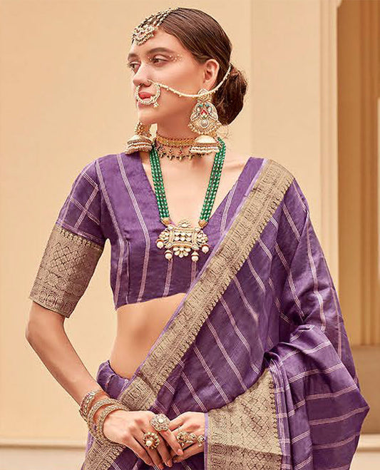 Purple striped catalouge designer saree with self zari design border & checked pallu