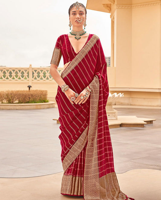 Maroon striped catalouge designer saree with self zari design border & checked pallu