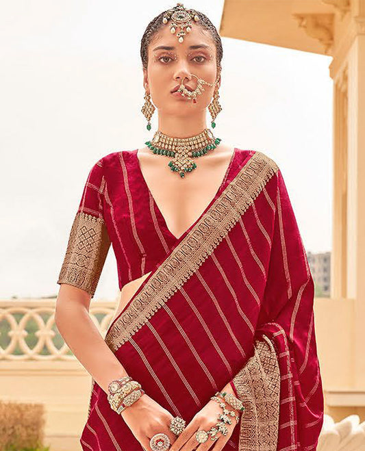 Maroon striped catalouge designer saree with self zari design border & checked pallu