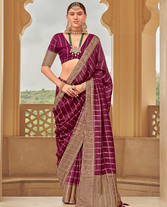Violet striped catalouge designer saree with self zari design border & checked pallu