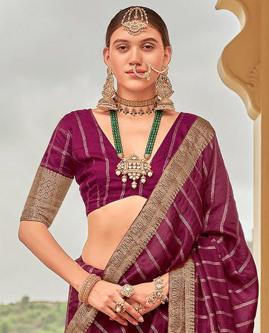 Violet striped catalouge designer saree with self zari design border & checked pallu