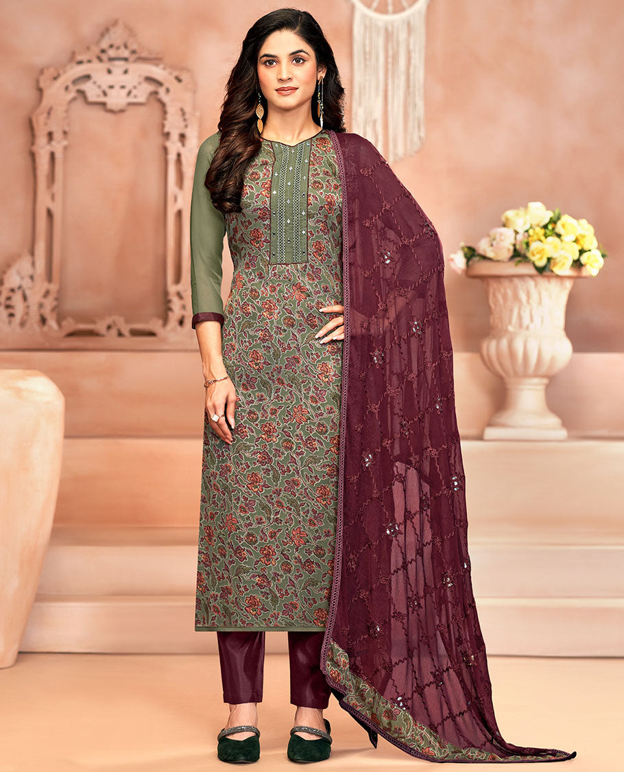 Green material chudidar set, floral print and neck work top, contrast plain bottom, and jaal embroidered dupatta