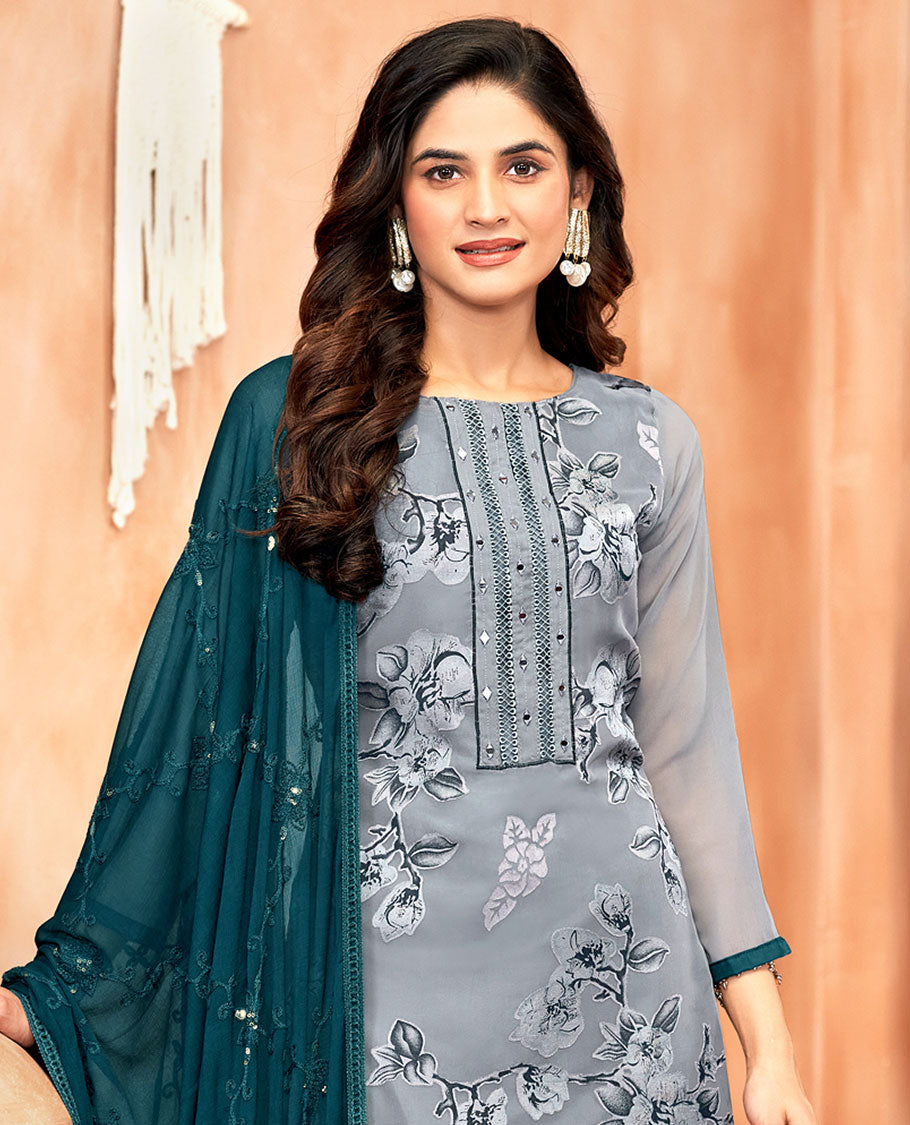 Ash grey material chudidar set, floral print and neck work top, contrast plain bottom, and jaal embroidered dupatta
