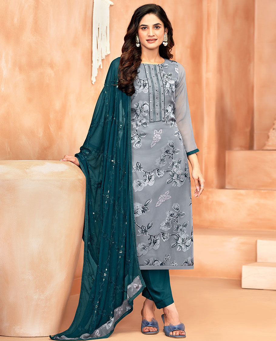 Ash grey material chudidar set, floral print and neck work top, contrast plain bottom, and jaal embroidered dupatta