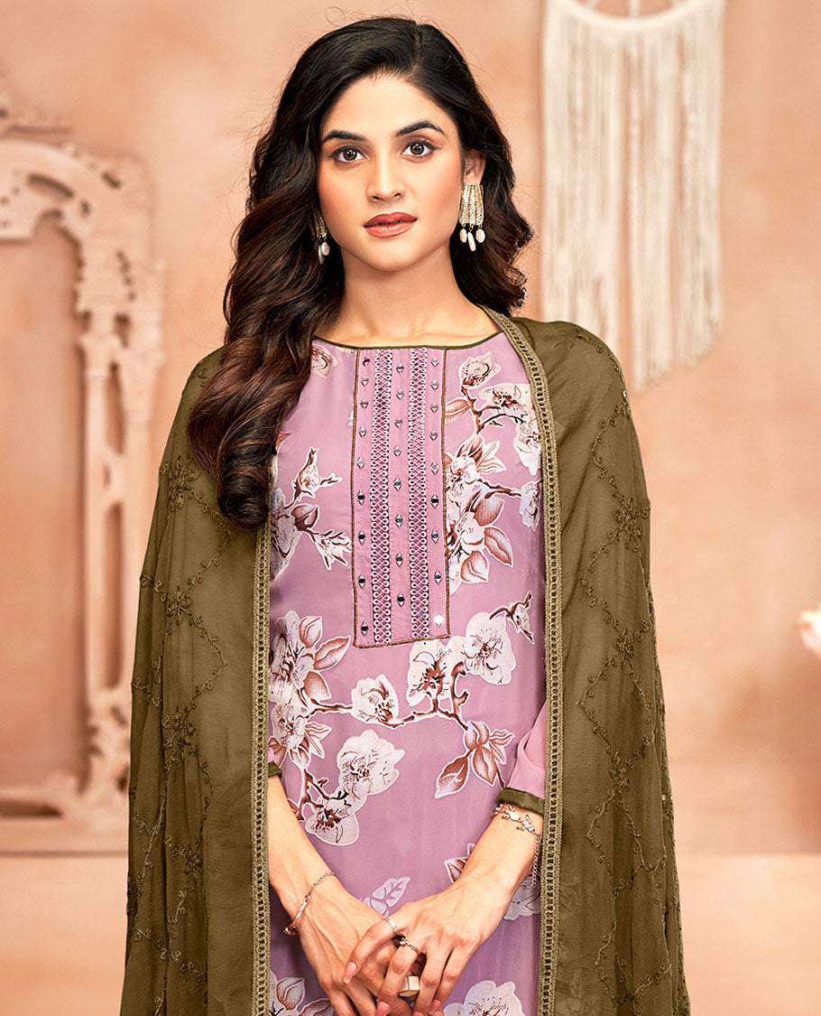 Purple material chudidar set, floral print and neck work top, contrast plain bottom, and jaal embroidered dupatta