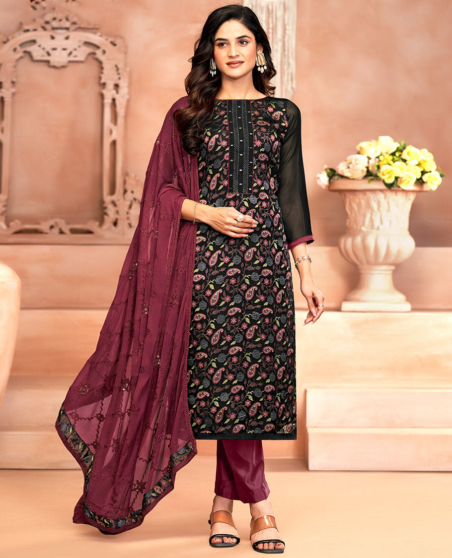 Black material chudidar set, paisley vine print and neck work top, contrast plain bottom, and jaal embroidered dupatta